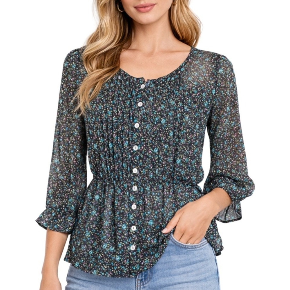 Matter + Sound Womens Floral Pintuck Peplum Blouse Sheer 3/4 Sleeve Blue Small‎